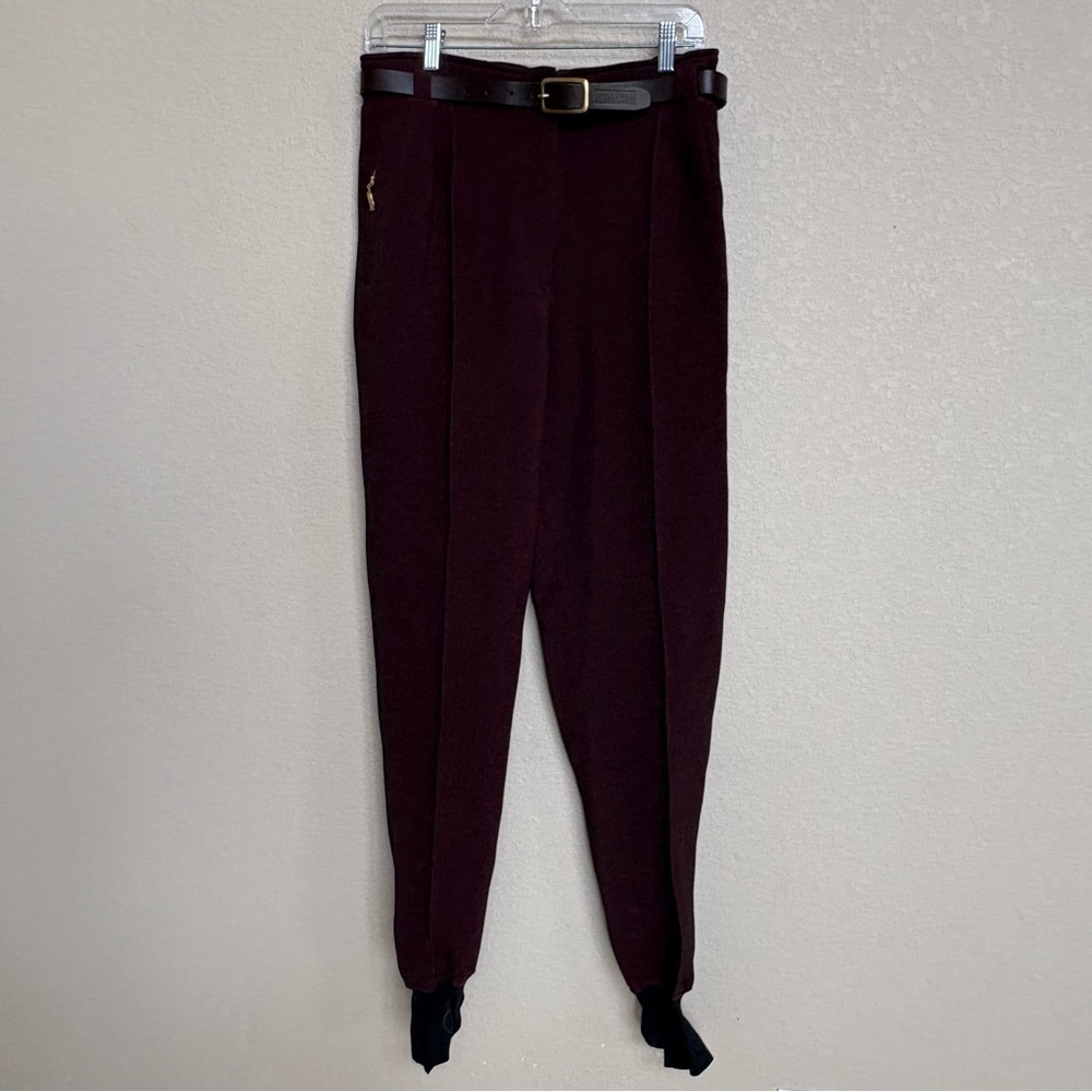 Vintage Post Card Wool Stirrup Ski Pants Belted Burgundy Womens 12 Retro